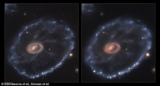 天文学者は、地球から5億光年離れた星が劇的な超新星で爆発し、その寿命を迎えた瞬間を捉えました。 左の画像は爆発前の2014年のもの、右の画像は2021年のもので、爆発は右下にあります。