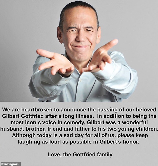 悲しい別れ：長年のコメディアンであるゴットフリードが67歳で亡くなり、彼の家族は火曜日にツイッターで発表した