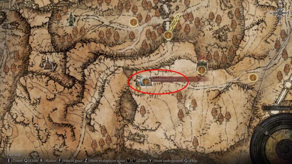 Elden Ring SainterHerosCaveマップ。  Elden Ring Sainter Heros Cave Map