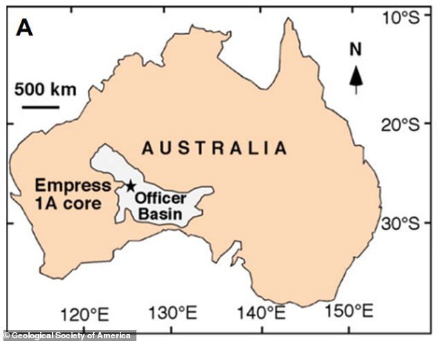 岩塩結晶が採掘された皇后コア1A（黒い星）のおおよその位置を示すオーストラリアの地図