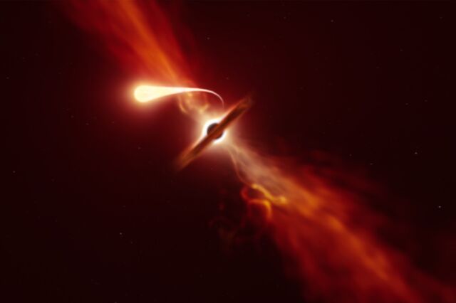 超大質量ブラックホールの強い引力によって、アーティストの星の印象は徐々に崩壊しました。