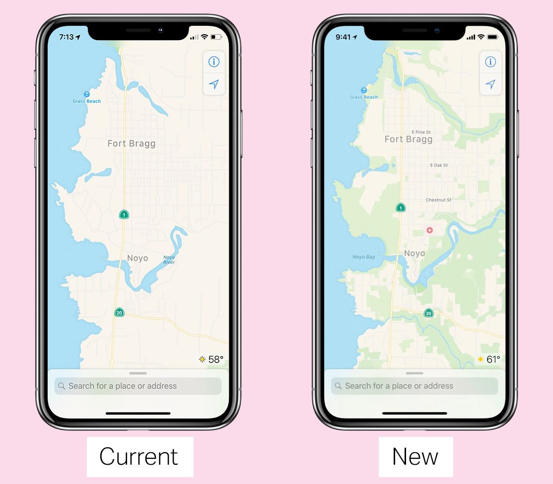 古い Apple Maps のデザインと、より詳細な新しいデザインを比較した私の iPhone のスクリーンショット。