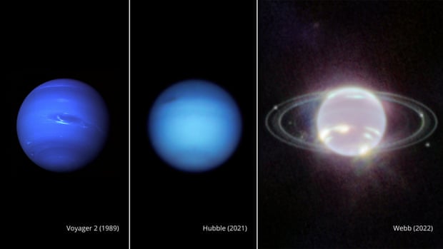 1989 年にボイジャー 2 号、2021 年にハッブル、2022 年にウェッブが撮影した海王星の写真を並べて表示。
