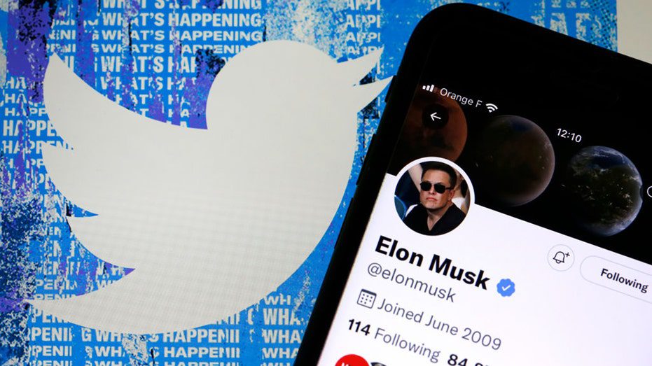 イーロン・マスクのTwitterアカウントが、Twitterウェブサイトのホームページの前のiPhone画面に表示されている