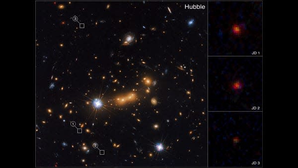 その背後にある新しい銀河を投影している同じ銀河団のハッブル画像と jwst 画像を比較した gif