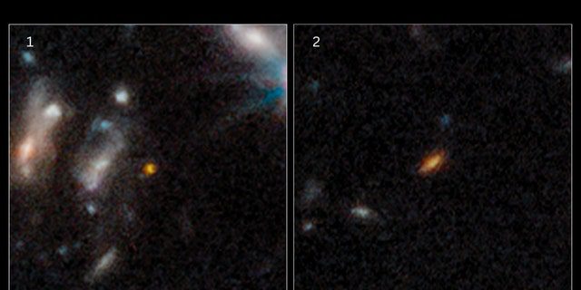 これらの 2 つの銀河は 350 & 350 に存在したと考えられています。 ビッグバンから 4 億 5000 万年後 (左から右)。 私たちの天の川とは異なり、これらの最初の銀河は小さくてコンパクトで、大きな渦巻きではなく球状または円盤状です。