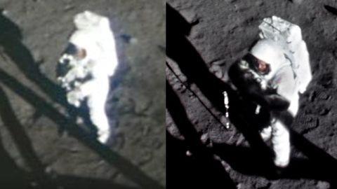 元の NASA 制作のアームストロングの 16 mm フィルム映像 (左) とサンダースの復元されたコピー (右)。